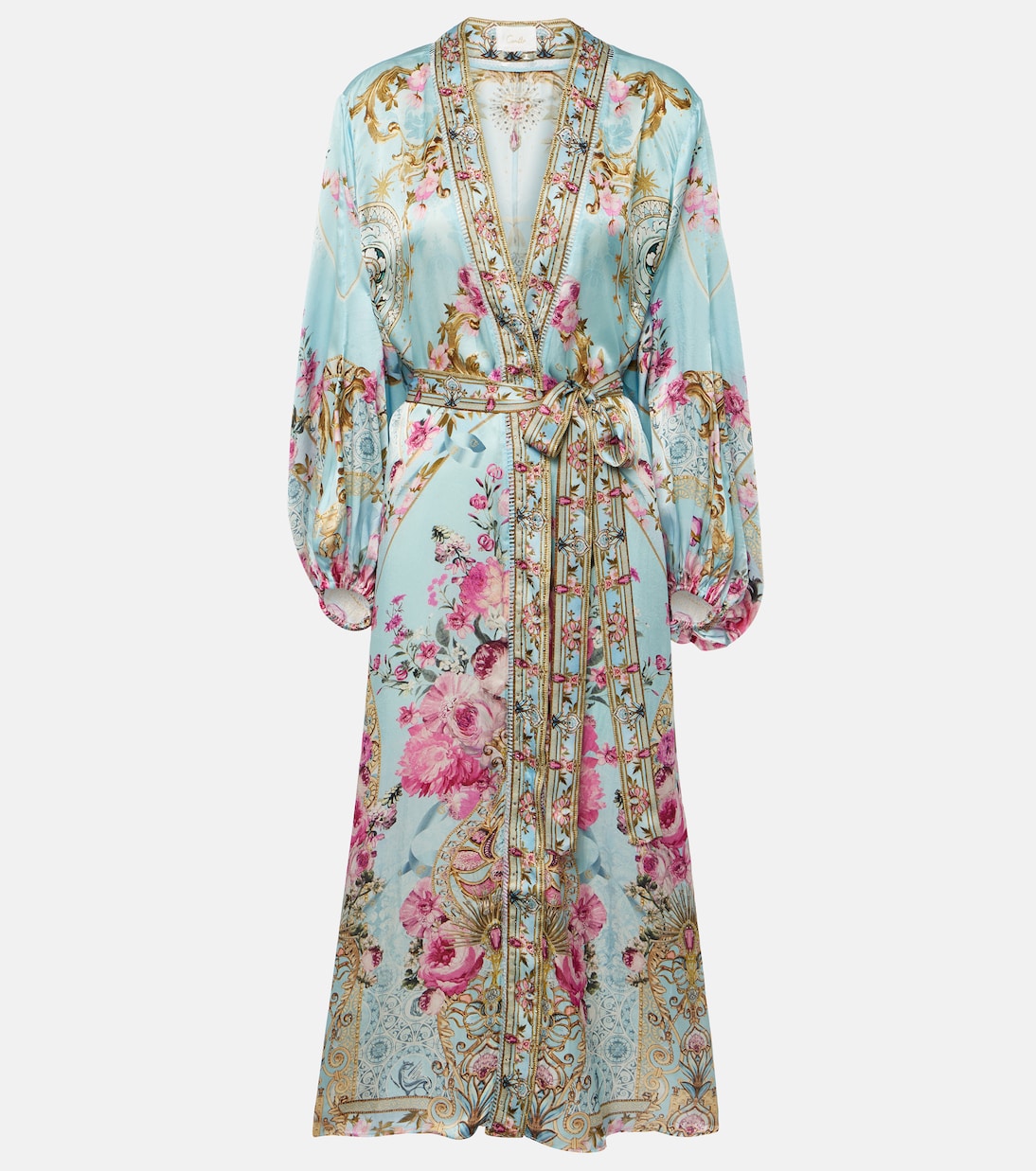 Embellished floral silk satin robe Camilla