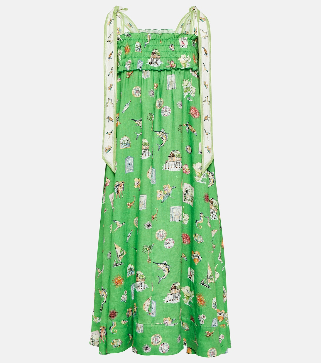 Shirred printed linen midi dress Alémais