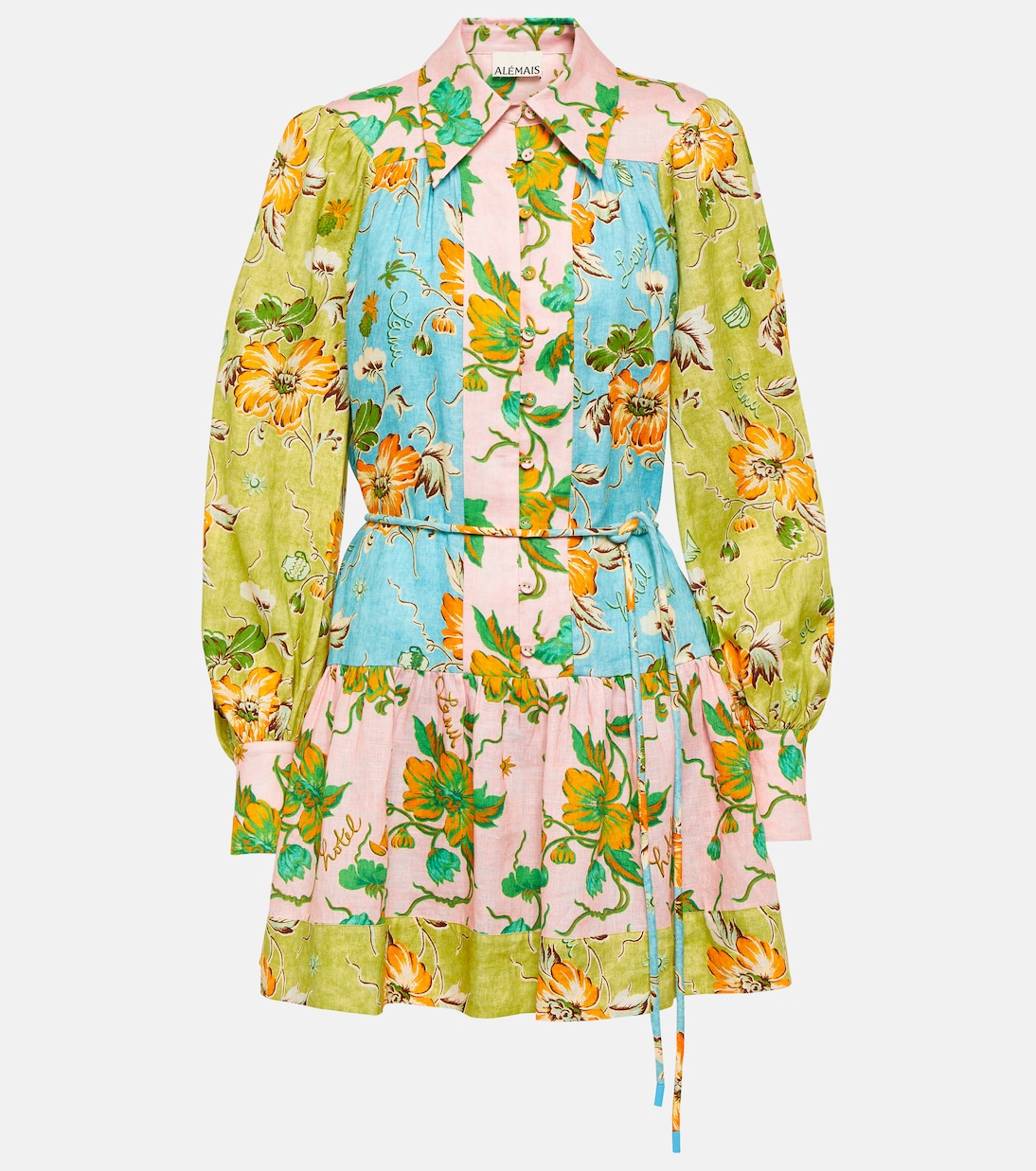 Printed colorblocked linen shirt dress Alémais