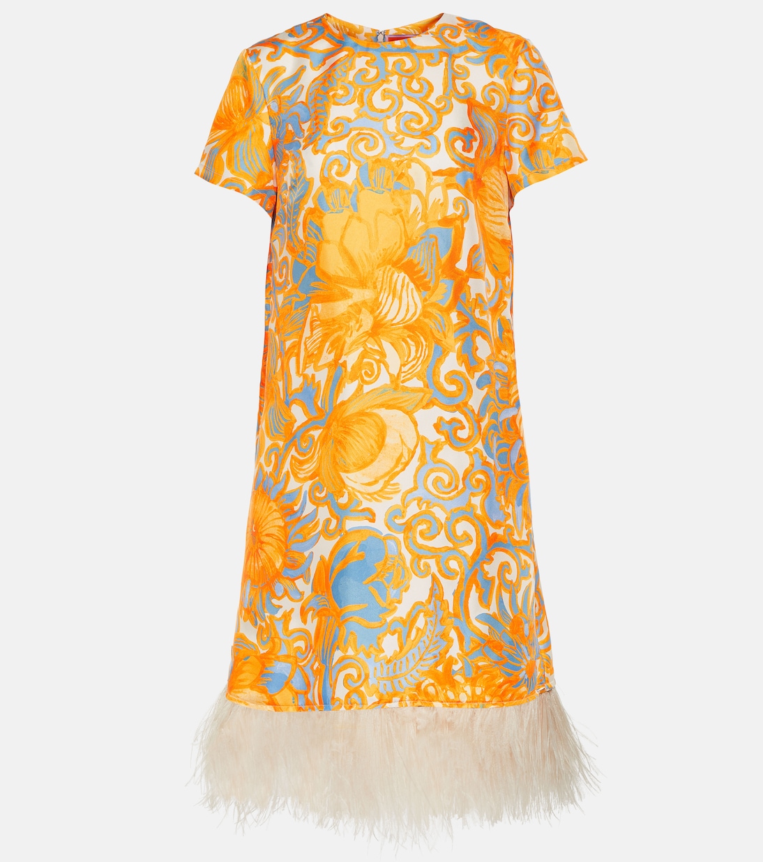 Printed feather-trimmed silk minidress La DoubleJ