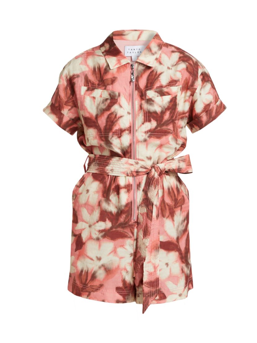 Tanya Taylor Skye Abstract Linen-Blend Tie-Waist Romper