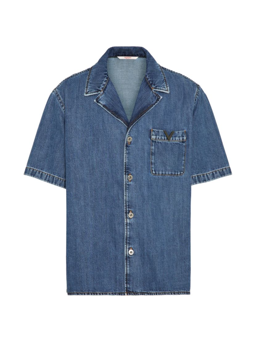 Valentino Garavani Denim Bowling Shirt with Metallic V Detail