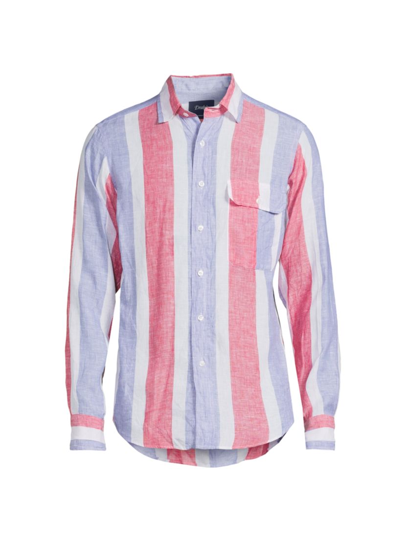 Drake's Linen Striped Button-Up Shirt