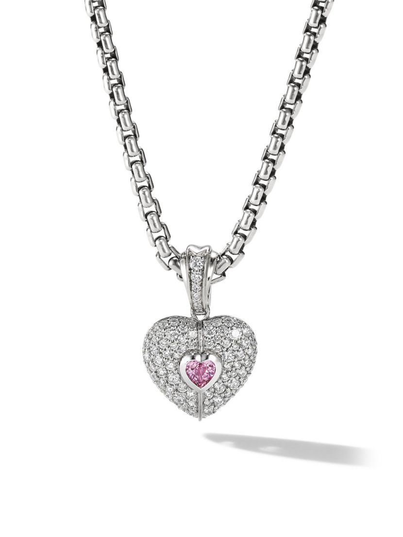 David Yurman Heart Amulet in 18K White Gold with Diamonds and Pink Sapphire, 20MM