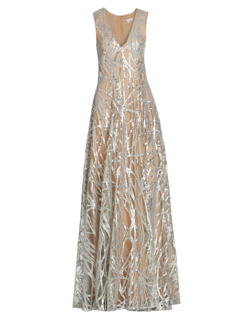 Reem Acra Linear Sequin V-Neck A-Line Gown