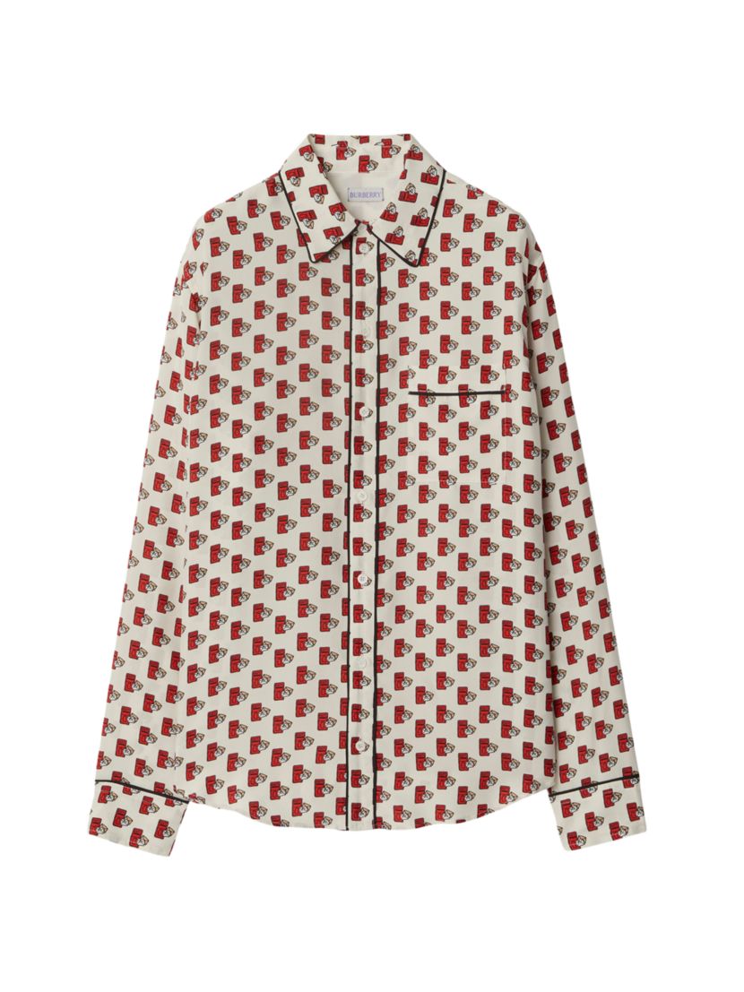 Burberry Postbox-Print Silk Long-Sleeve Blouse